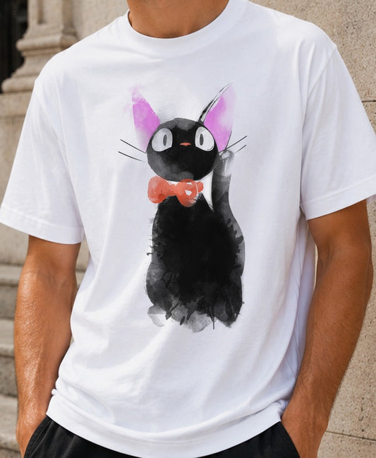 Camiseta Watercolor Cat – Jiji de Studio Ghibli (blanca)
