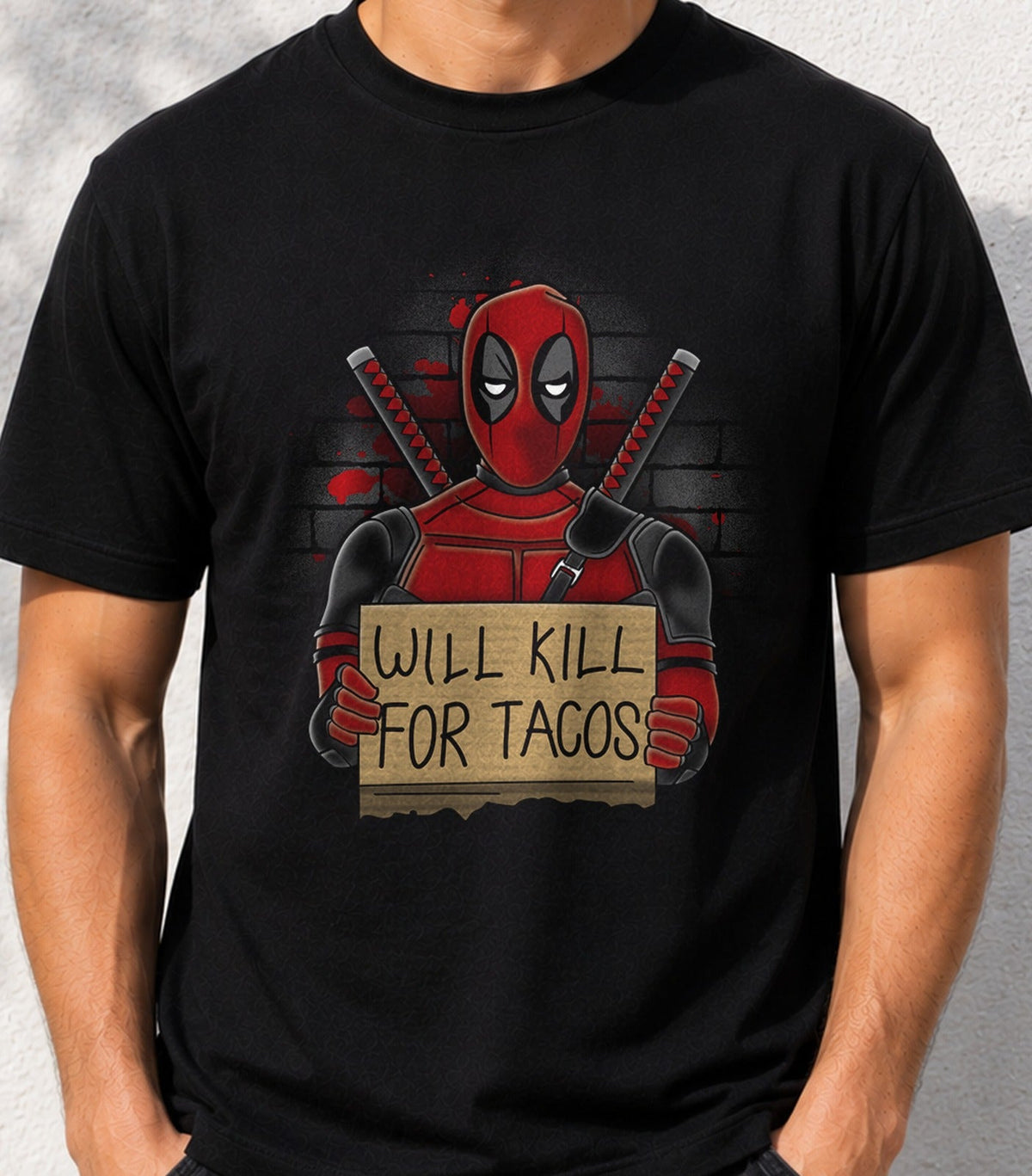 Camiseta Will Kill for Tacos – Antihéroe Mercenario y Katanas (negra)