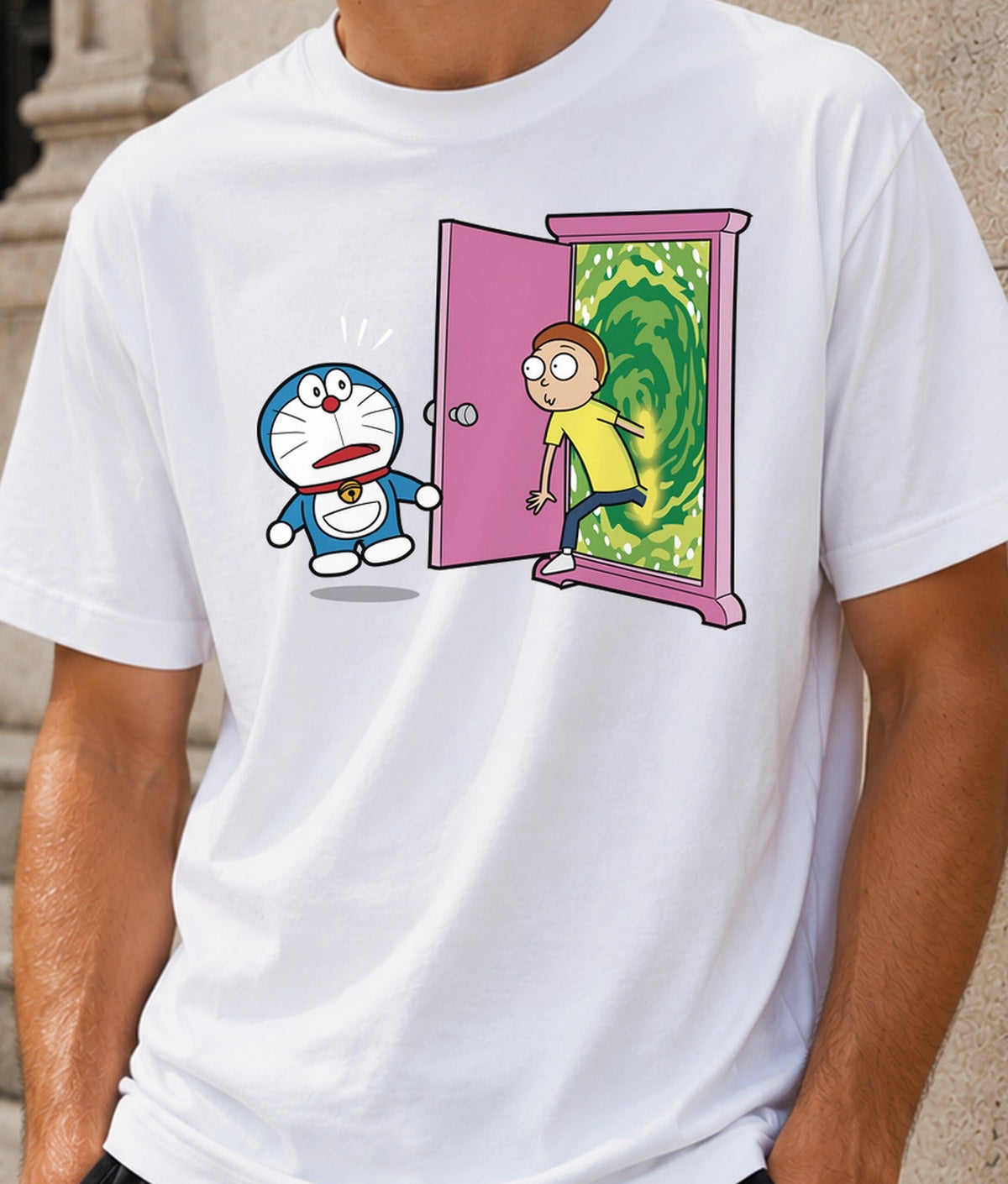 Camiseta Wrong Portal – Gato Cósmico y Portal Interdimensional (blanca)
