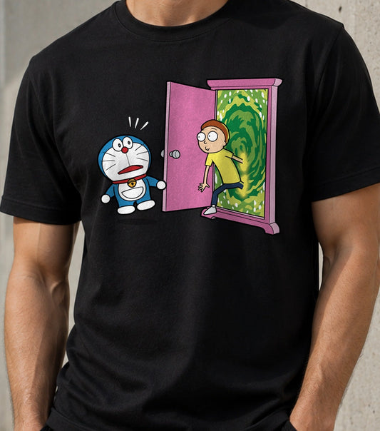 Camiseta Wrong Portal – Gato Cósmico y Portal Interdimensional (negra)