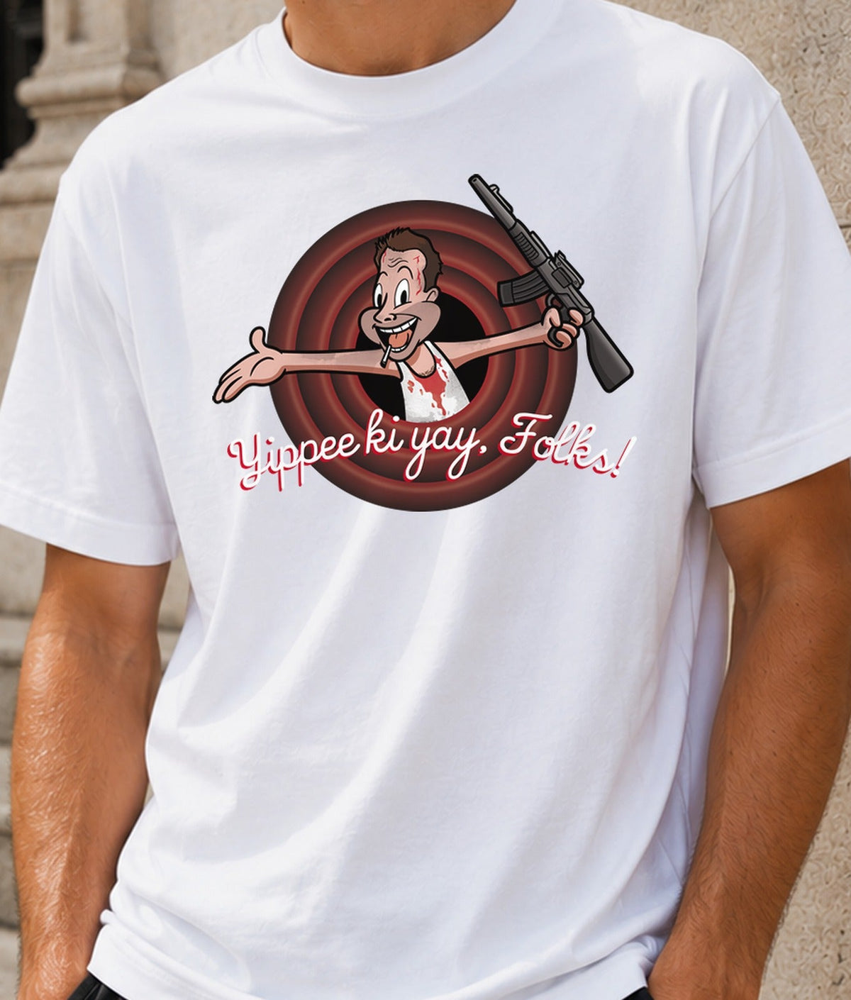 Camiseta Yipee Ki Yay, Folks – Acción y Cine de los 80 (blanca)