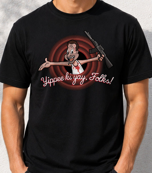 Camiseta Yipee Ki Yay, Folks – Acción y Cine de los 80 (negra)