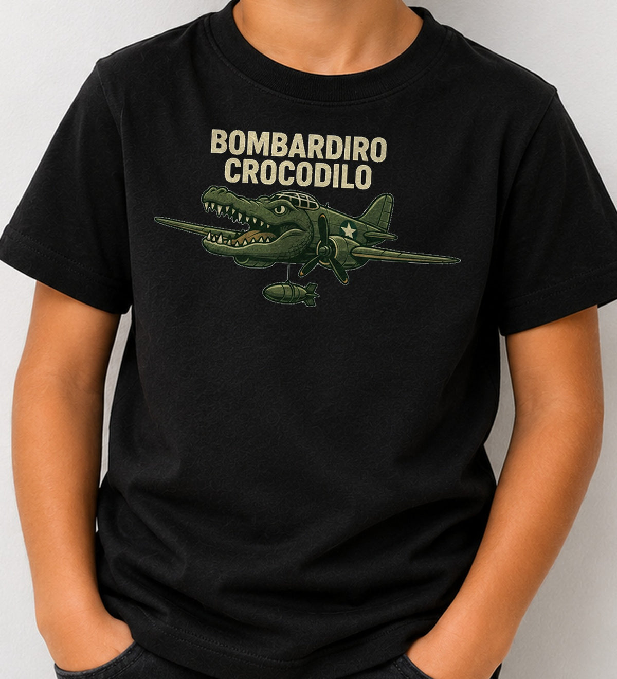 Camiseta niño Bombardiro Crocodilo – Meme Italian Brainrot (negra)