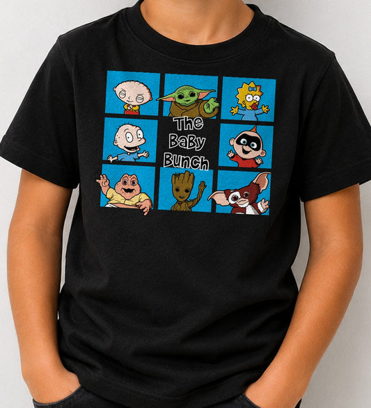 Camiseta de niño de bebé The Baby Bunch – Bebés Famosos de Series y Cine (negra)