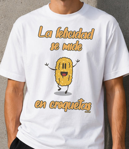 Camiseta La Felicidad Se Mide en Croquetas Dark (blanca)
