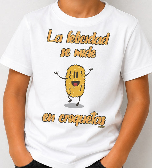 Camiseta niño La Felicidad Se Mide en Croquetas Dark (blanca)