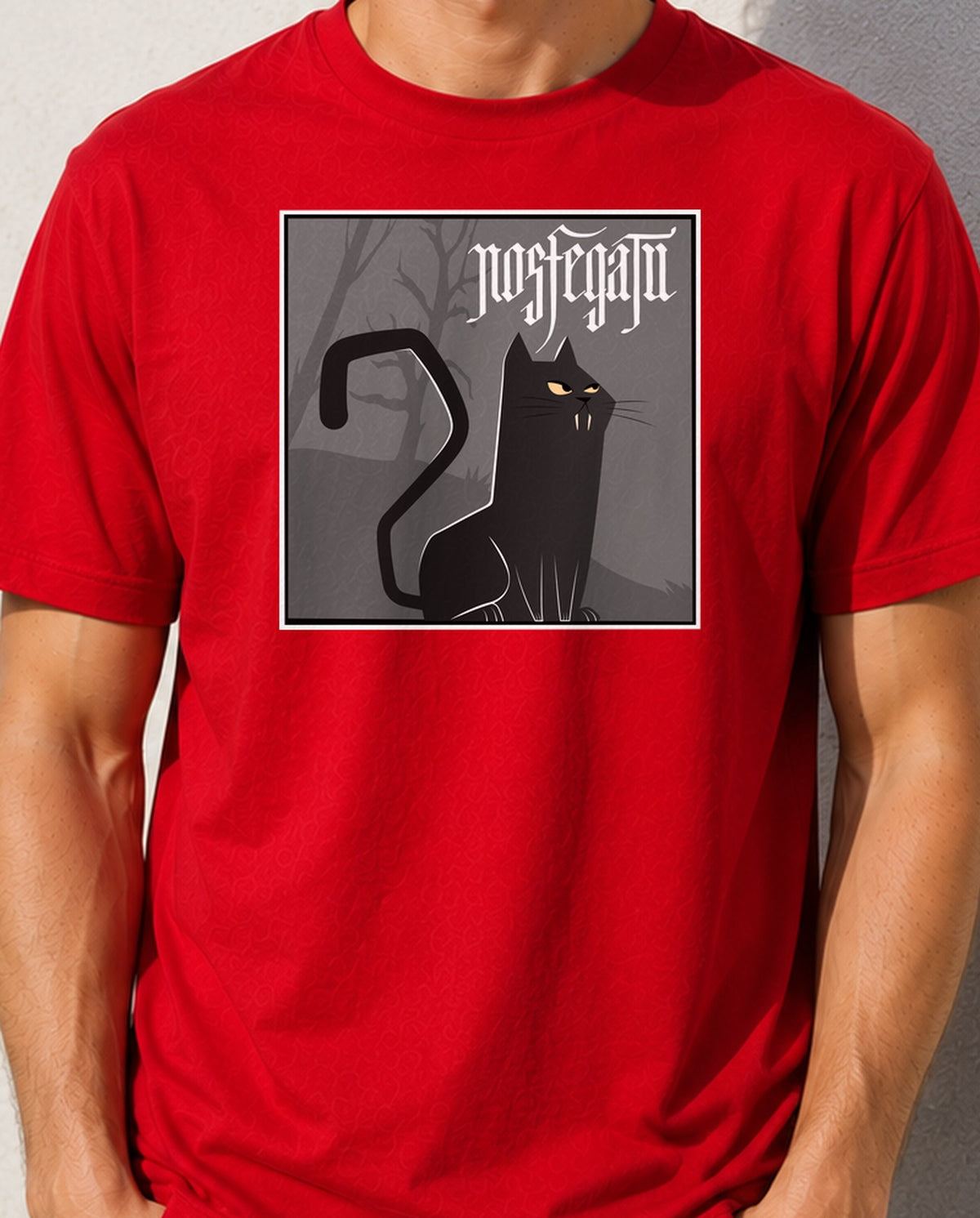 Camiseta Nosferatu – Parodia Gótica para Amantes de los Gatos (roja)