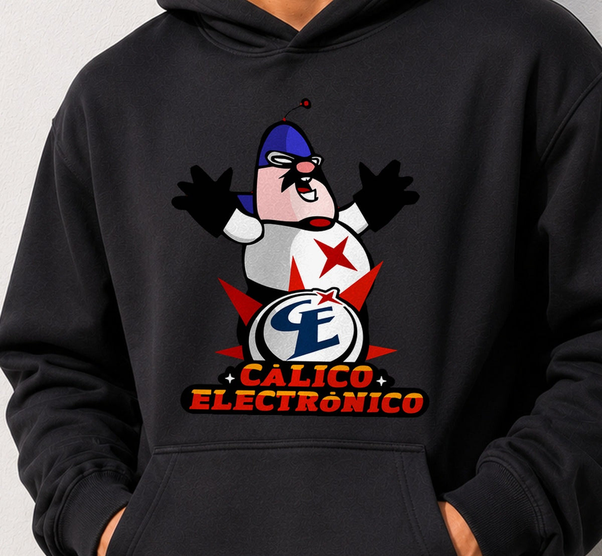 Sudadera Calico Electrónico – Superhéroe de Culto Español (negra)