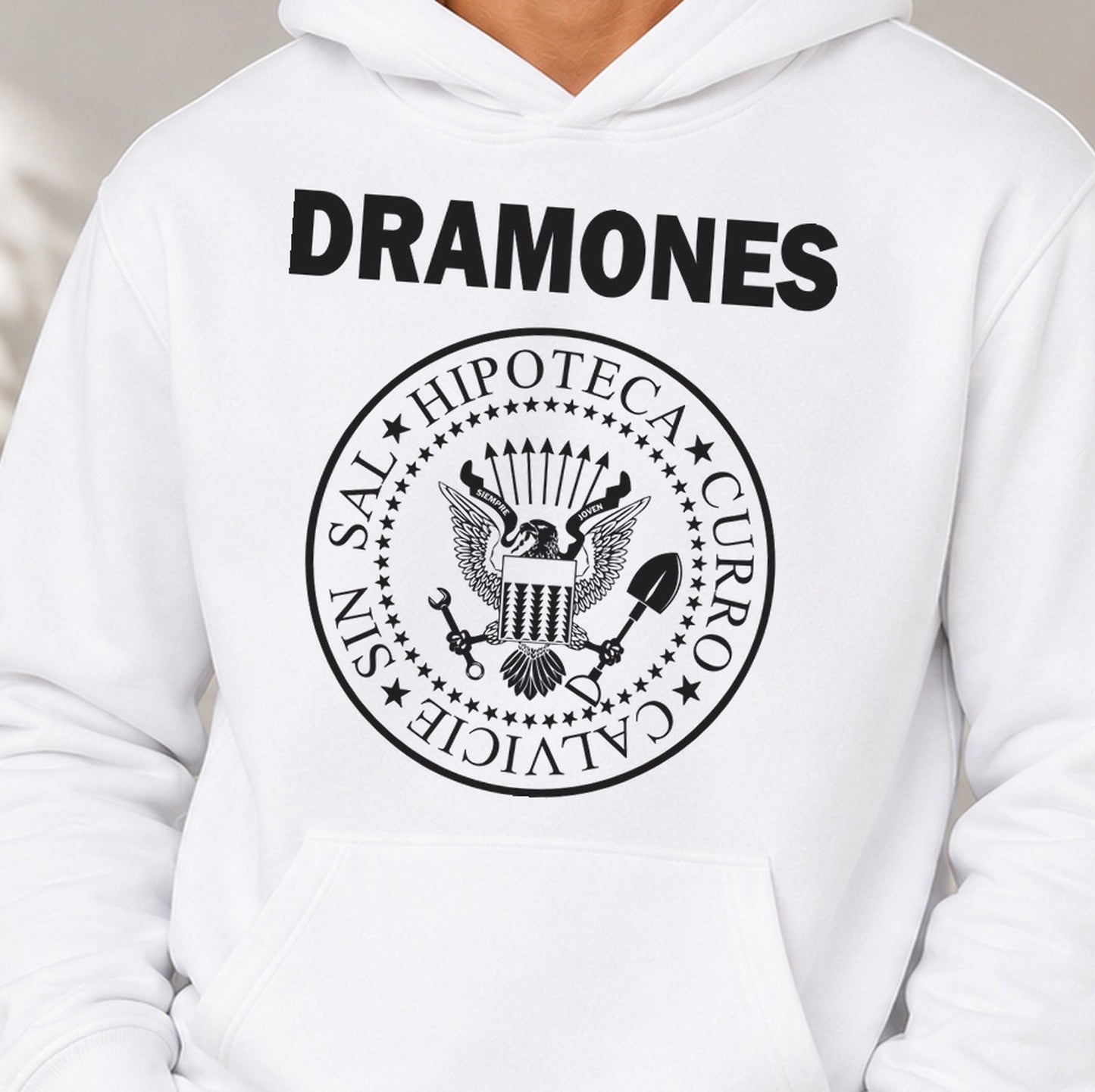 Sudadera Dramones Adulto – Regalo para currantes con hipoteca (blanca)
